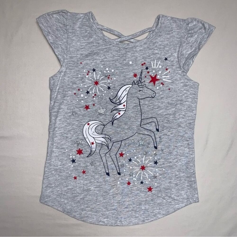 Patriotic Unicorn Firework Gray Top Girl 5 Short Sleeve Tee Shirt T-Shirt Vacati